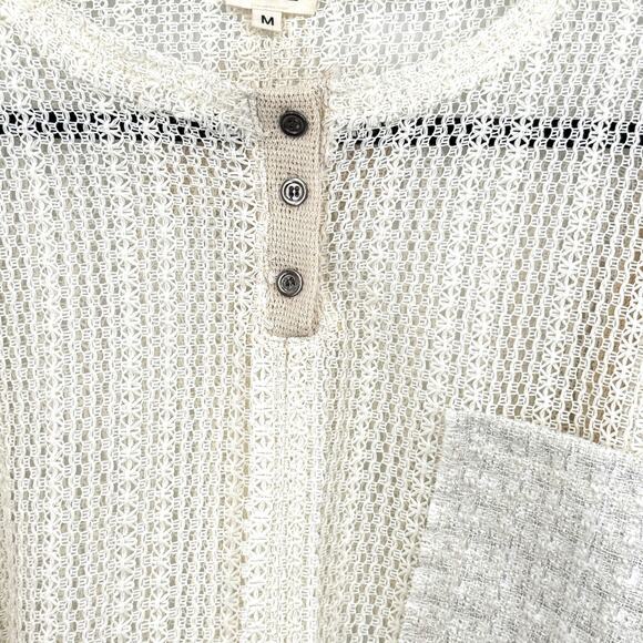 POL Mixed Open Weave Cropped Henley Women's M Wool Blend Metallic Patchwork Boho - Picture 3 of 10